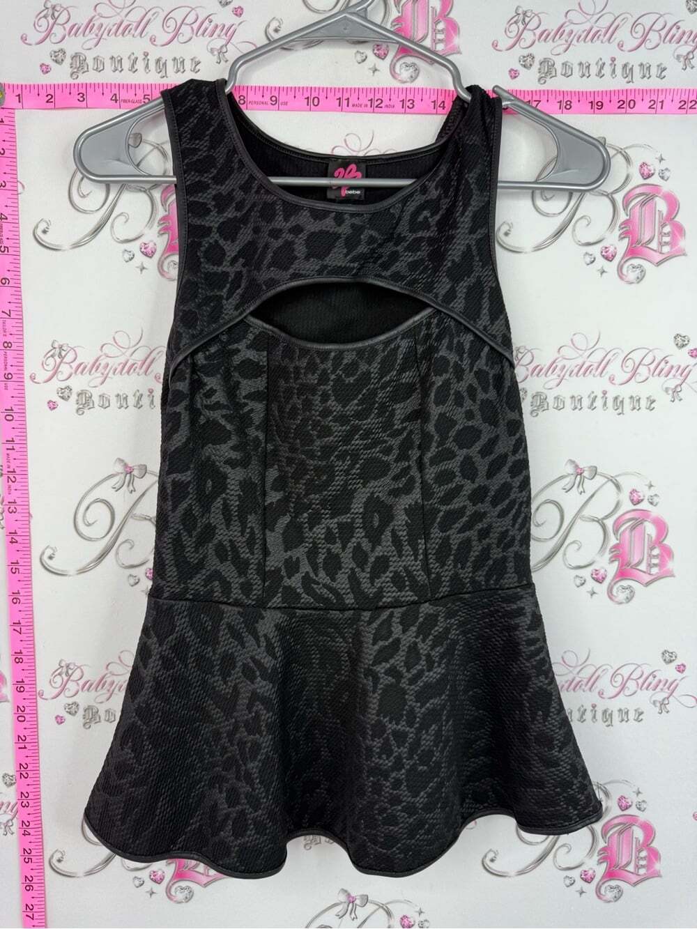 bebe peplum tank top y2k Black Leopard-Print Peplum Tank with Front Cutout